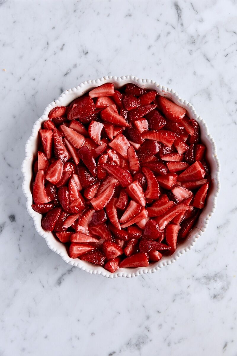 Strawberry filling in white baking dish