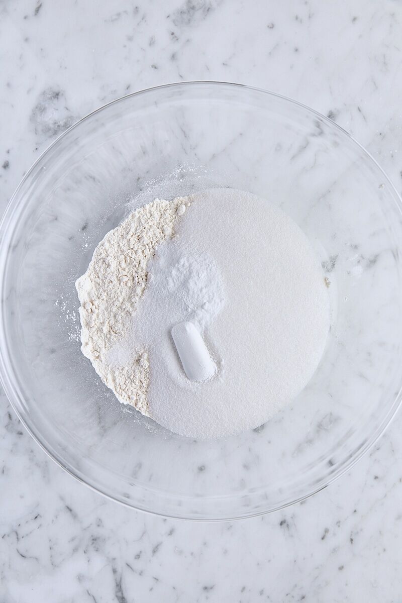 Flour, sugar, baking powder, baking soda, and salt in a large bowl