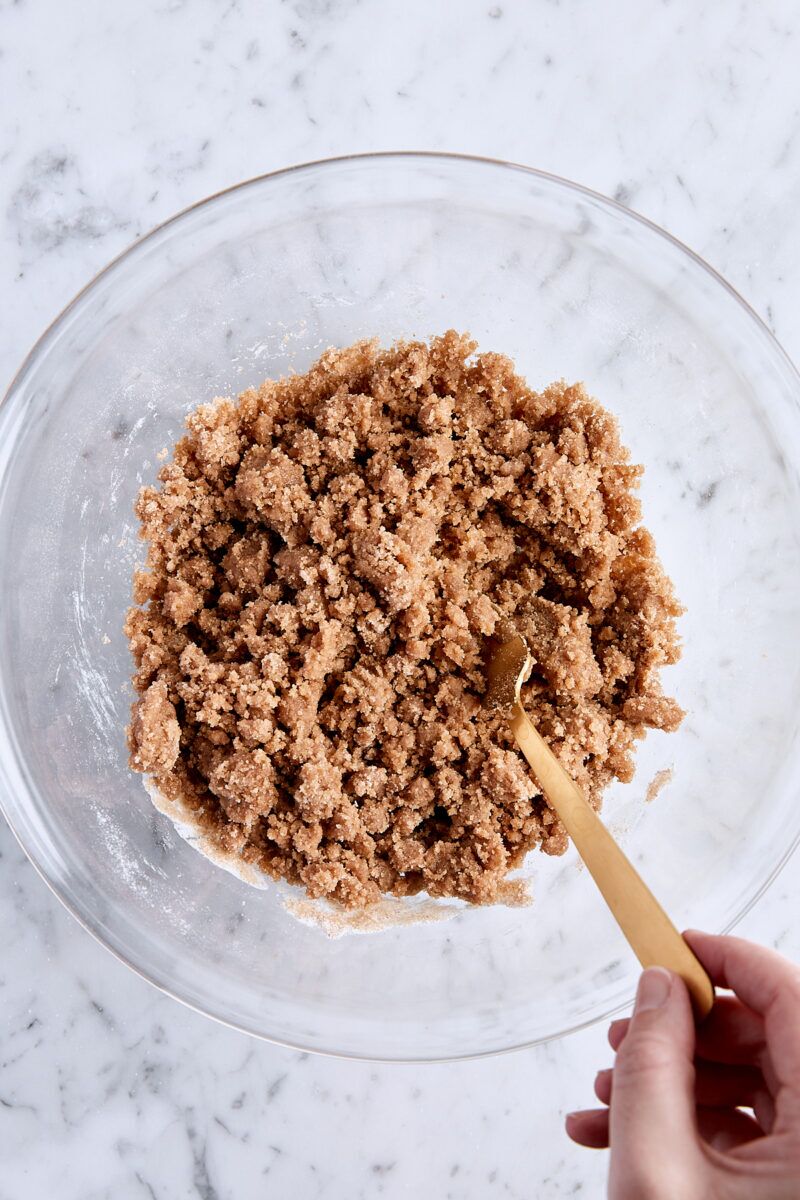 Crumbly mixed streusel in glass bowl