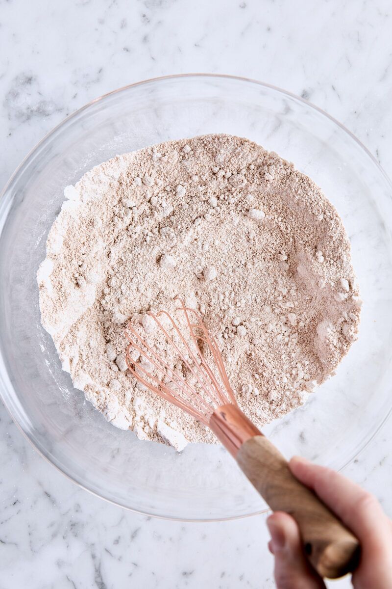 All-purpose flour, granulated sugar, brown sugar, cinnamon, and salt whisked together in glass bowl