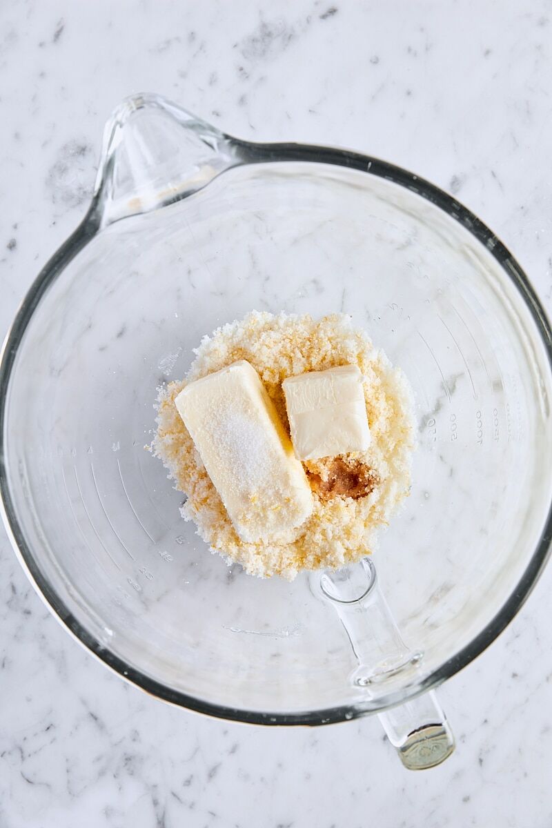 Softened butter, lemon-sugar, vanilla, and salt in glass mixer bowl