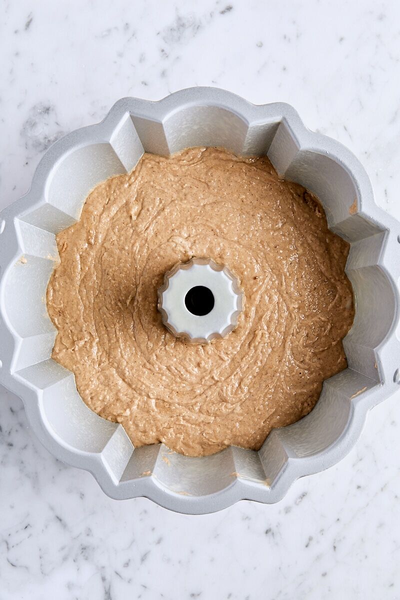 Spice cake batter in bundt pan