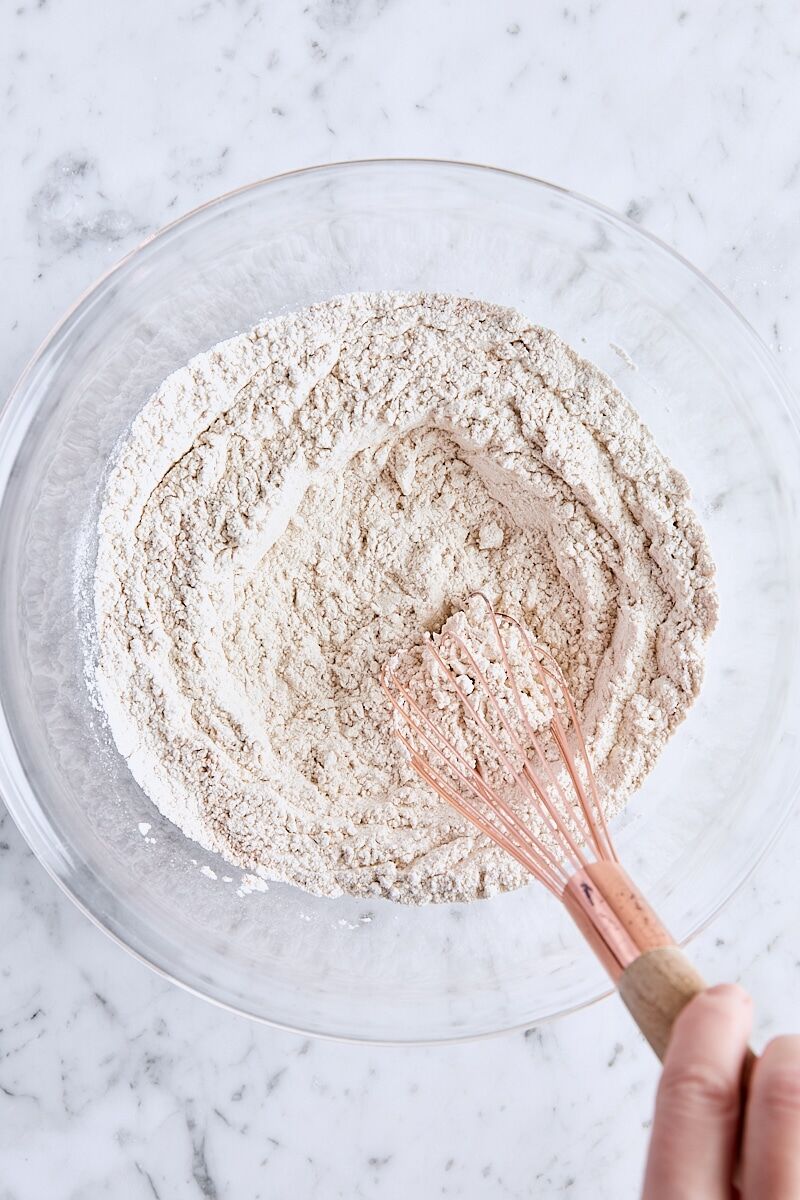 Dry ingredients whisked together in large glass bowl