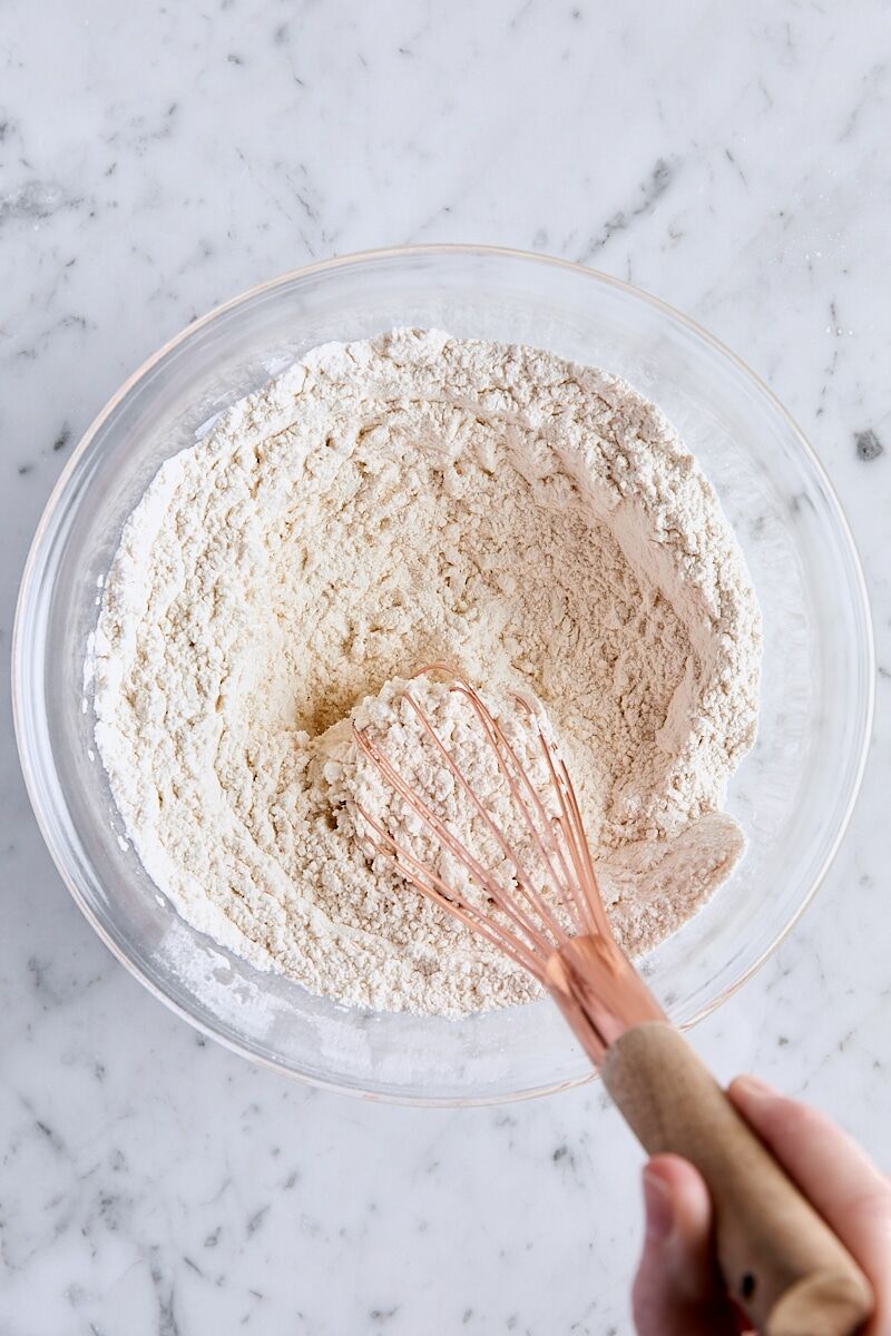Flour mixture whisked together in glass bowl