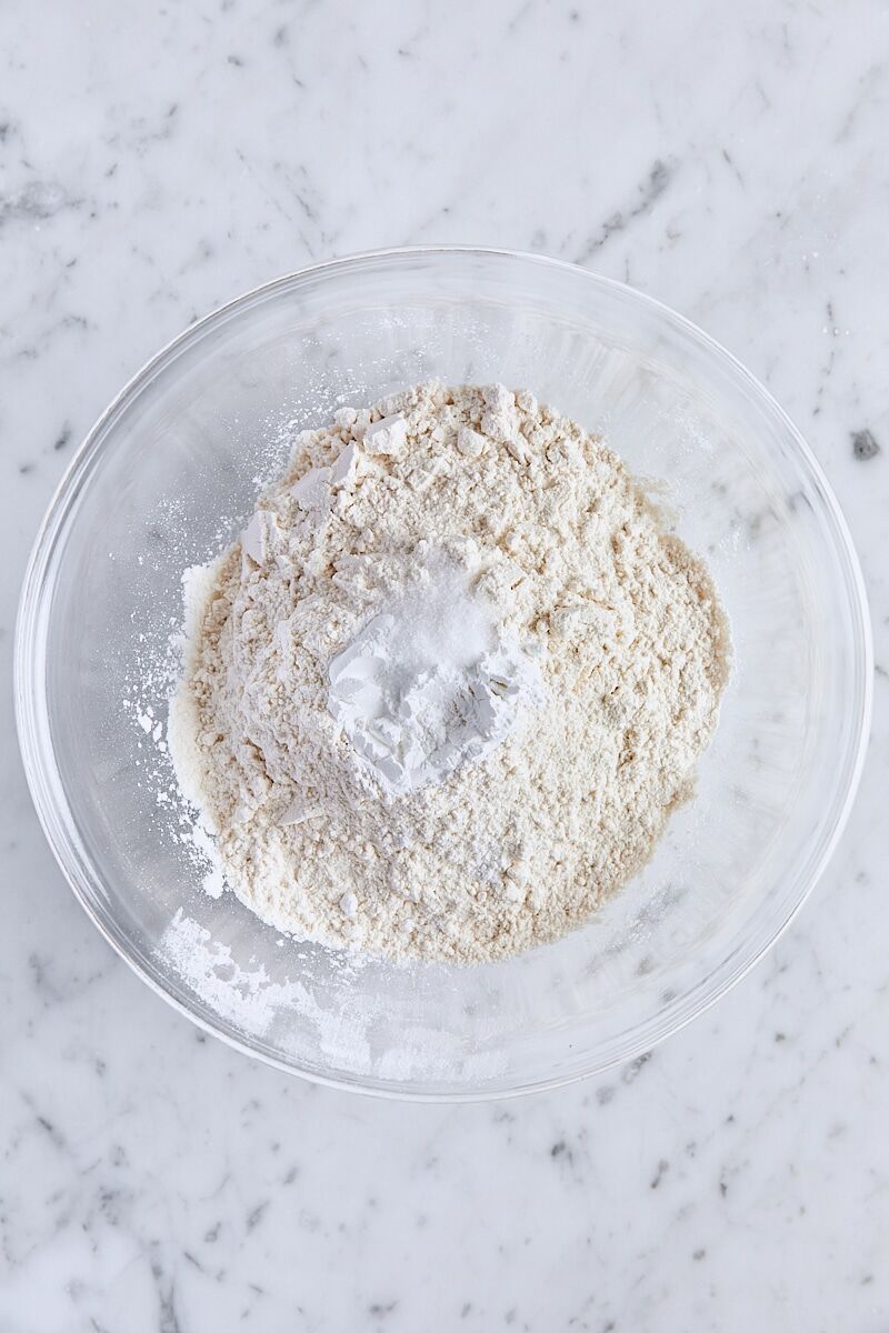 All-purpose flour, baking powder, and salt in medium glass bowl