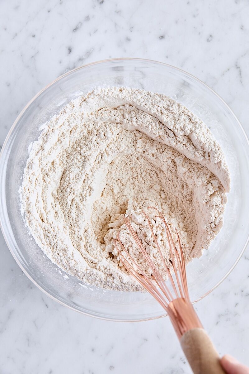 Dry ingredients whisked together in medium glass bowl
