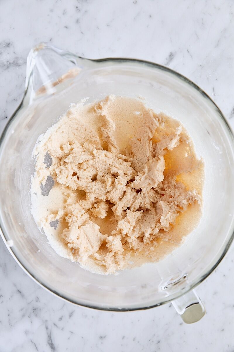 Room temperature butter, cooled brown butter, and granulated sugar mixed until creamy