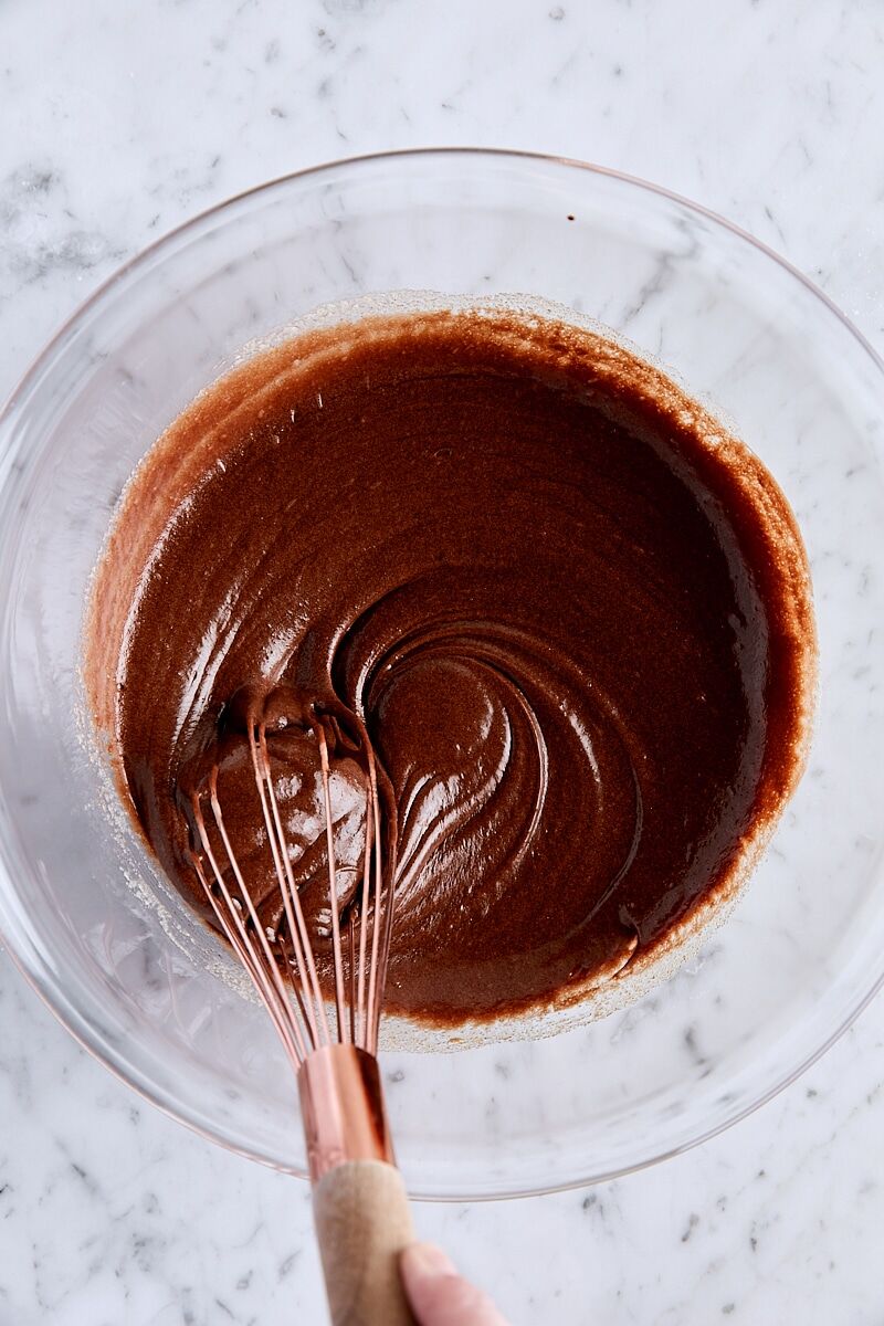Melted chocolate mixture whisked into egg mixture until smooth