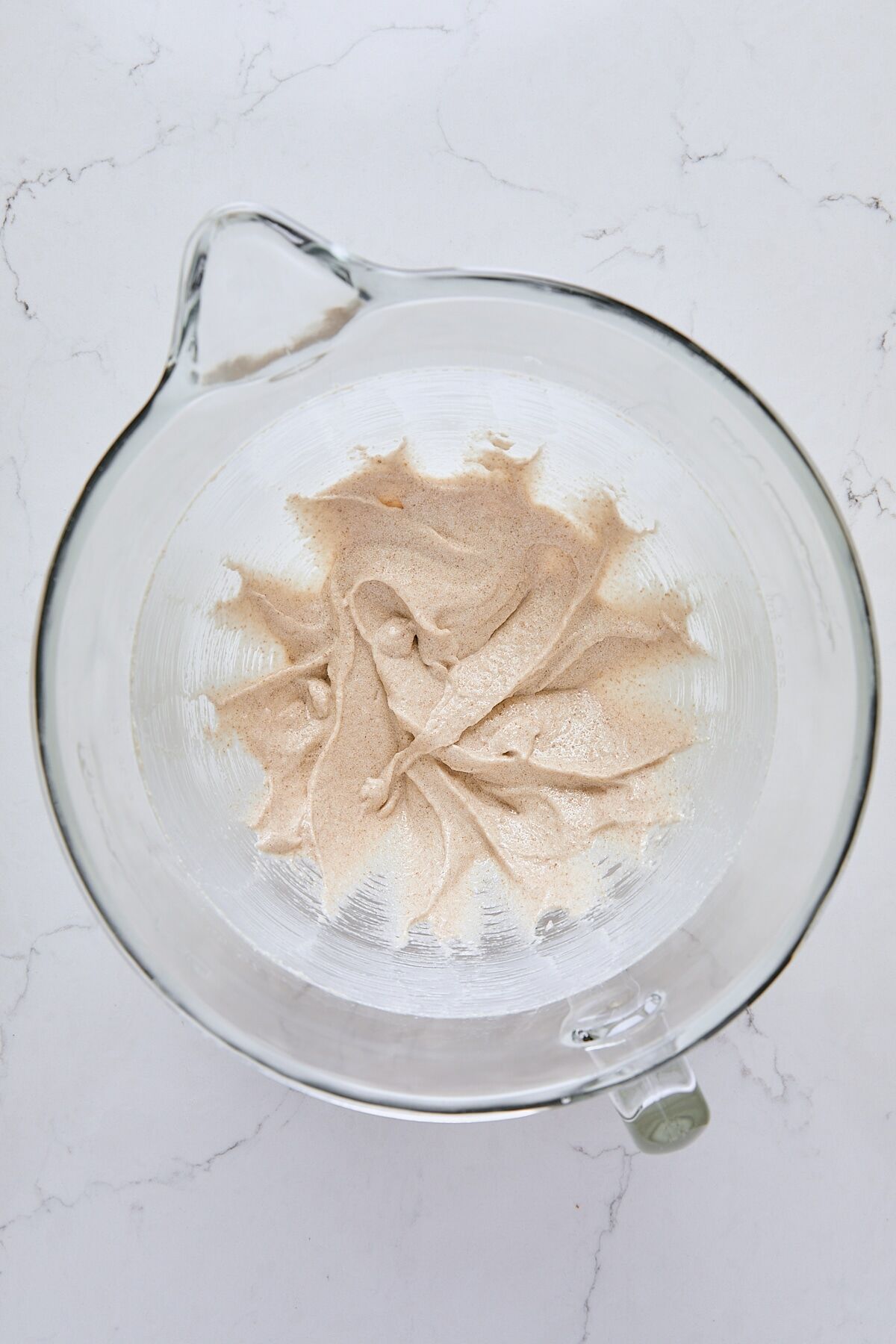 Butter, oil, granulated sugar, and dark brown sugar combined in mixer bowl
