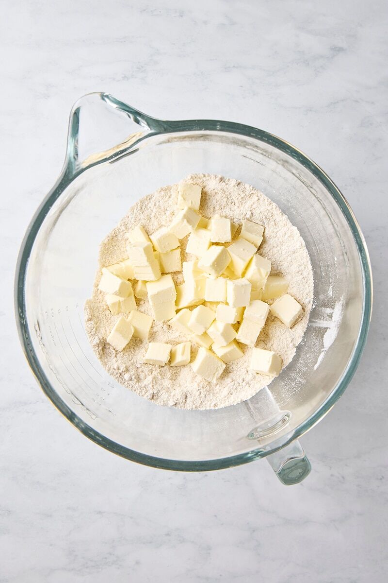 Cold cubed butter added to dry ingredients