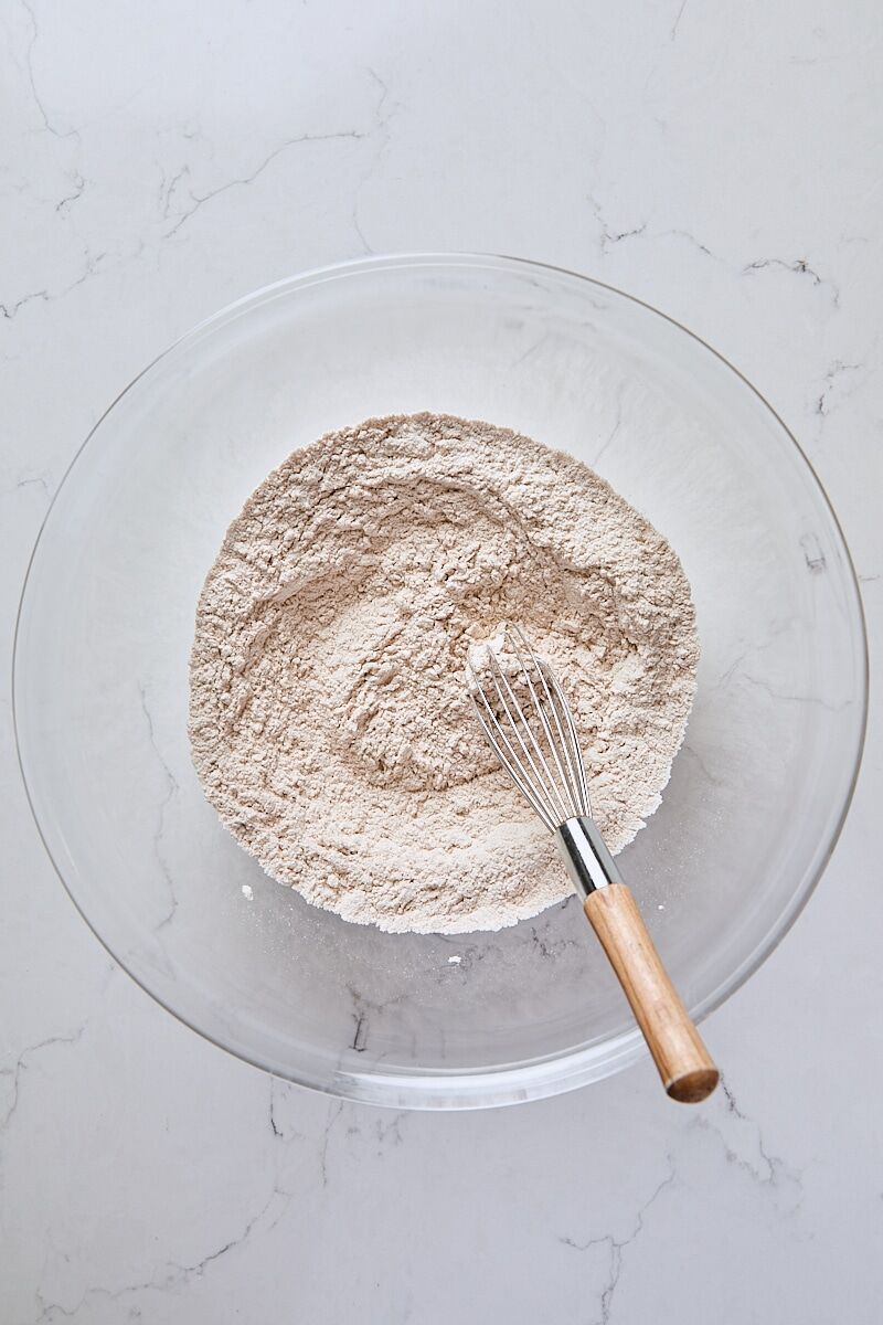 Dry ingredients whisked together in glass bowl