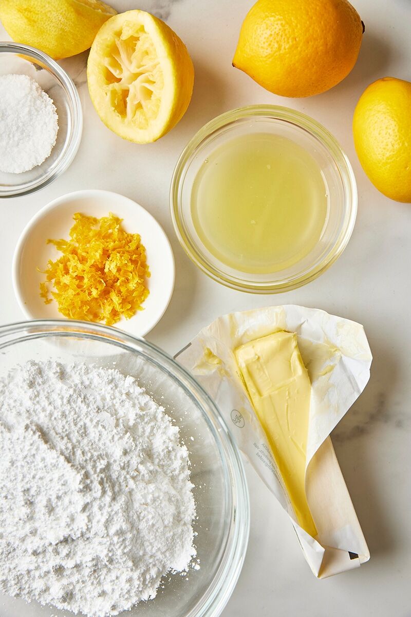 Butter, salt, lemon zest, lemon juice, and powdered sugar