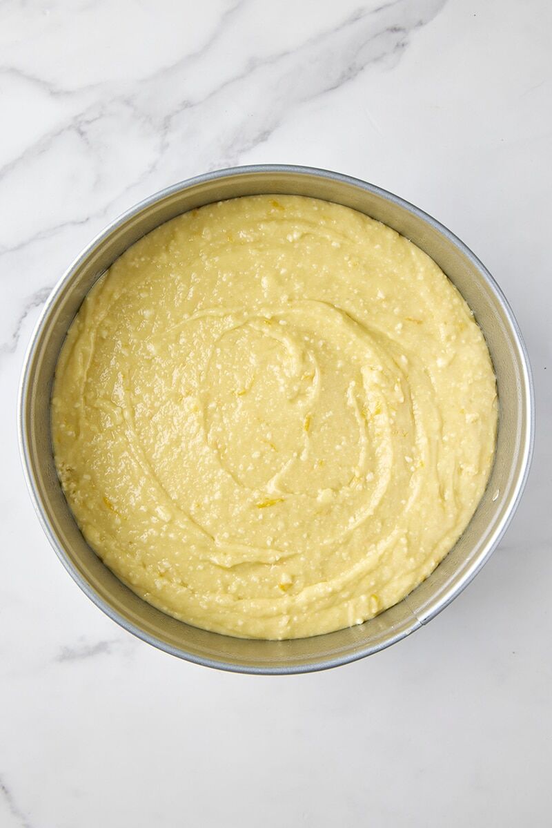 Lemon olive oil cake batter in pan