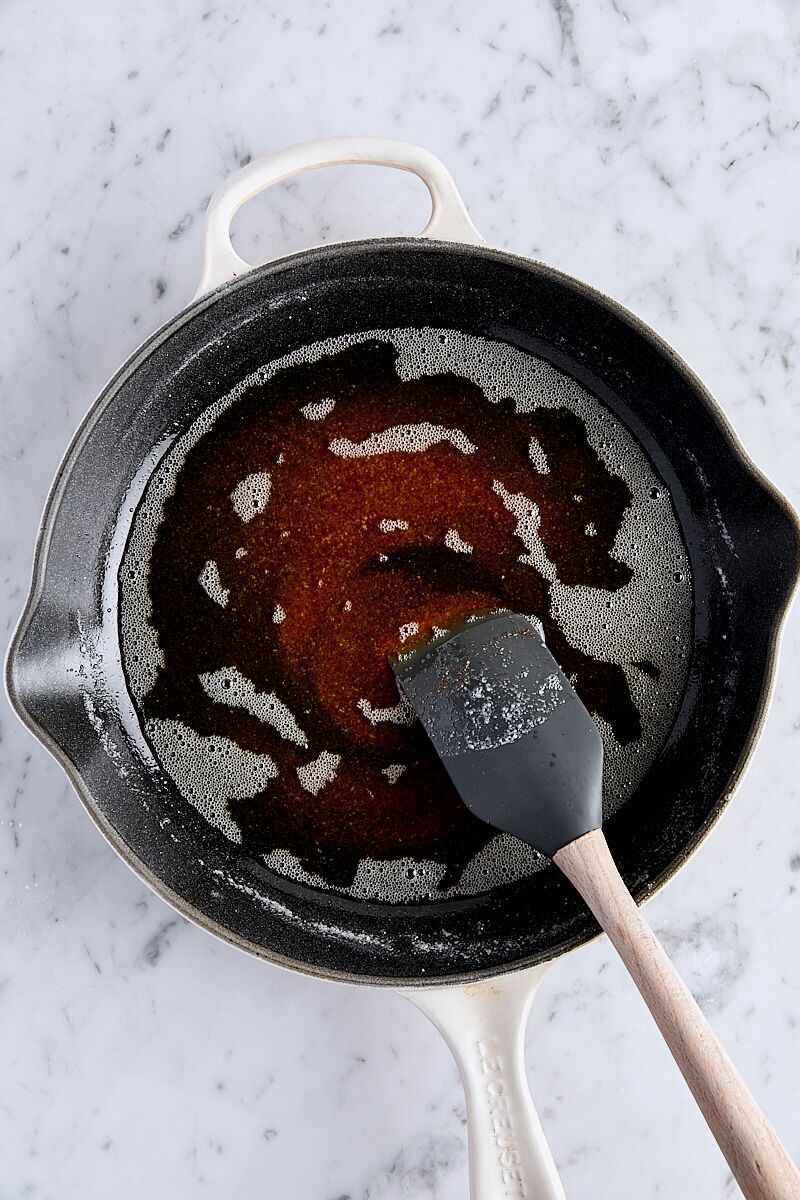 Melted brown butter in skillet