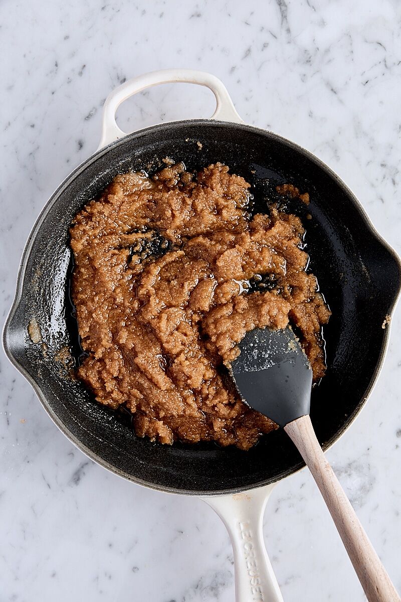 Sugars and brown butter mixed together in skillet