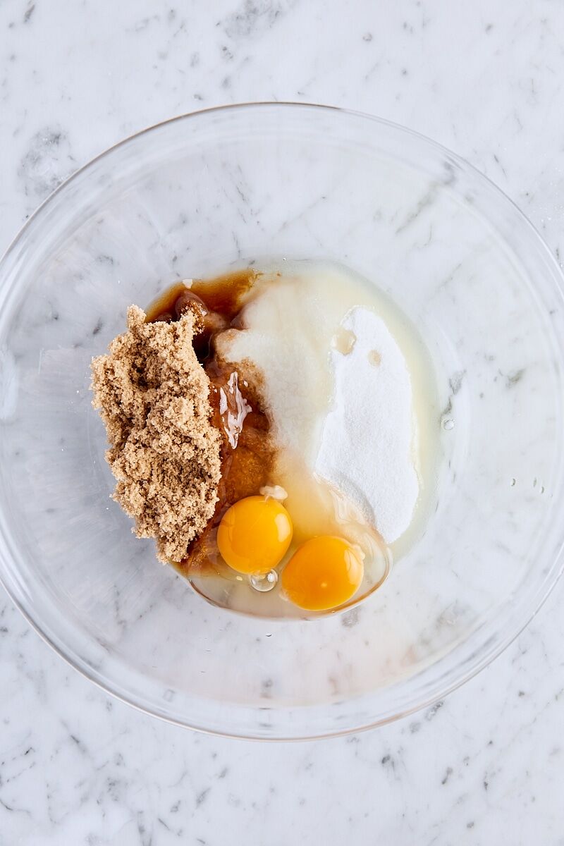 Granulated sugar, light brown sugar, and eggs in large mixing bowl
