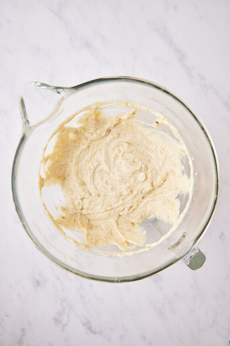 Mashed banana and sour cream mixed into batter