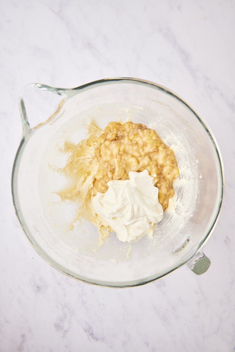 Mashed ripe banana and sour cream added to batter