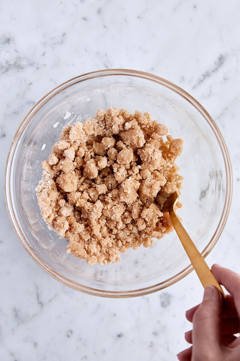 Mixed crumb topping in glass bowl