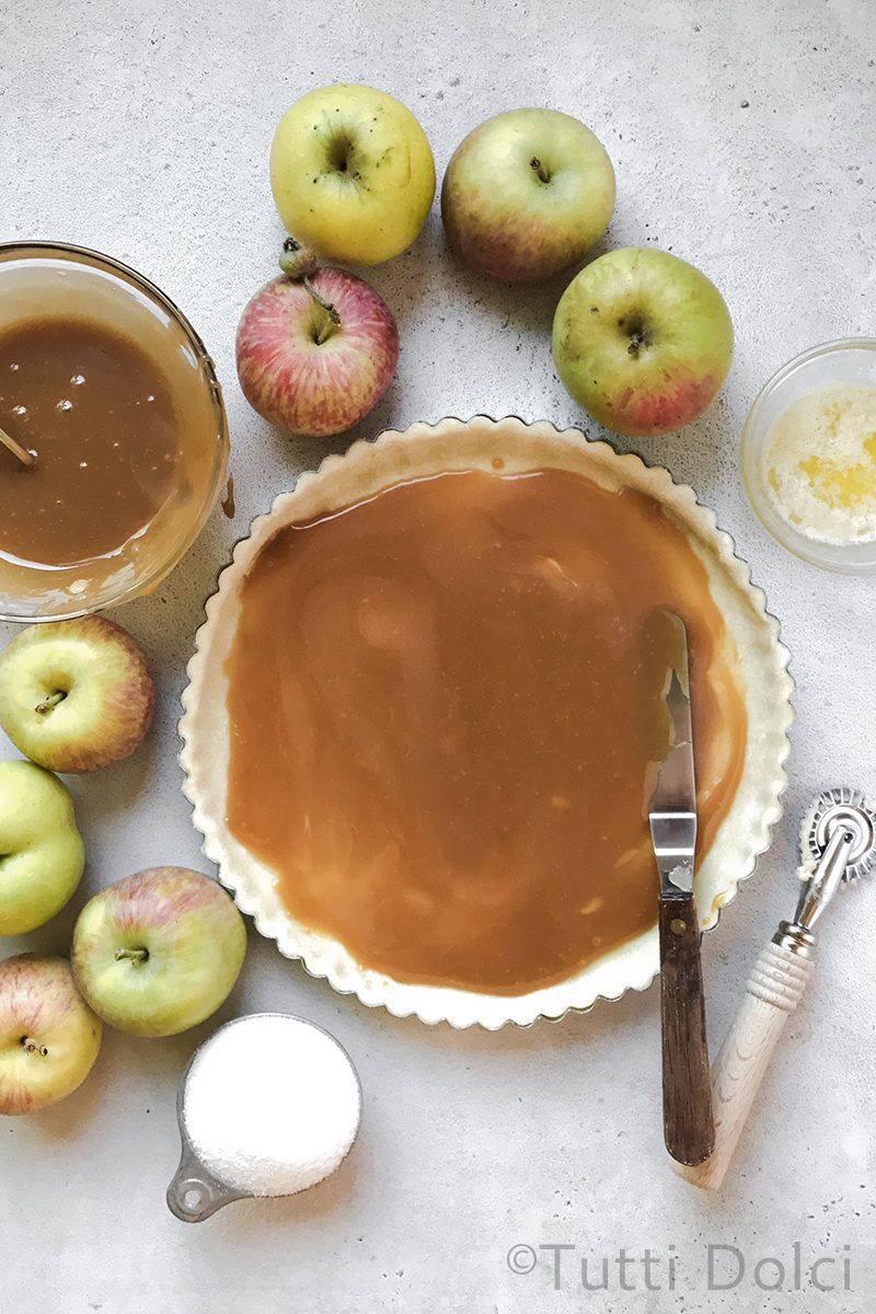Unbaked tart shell with salted caramel filling