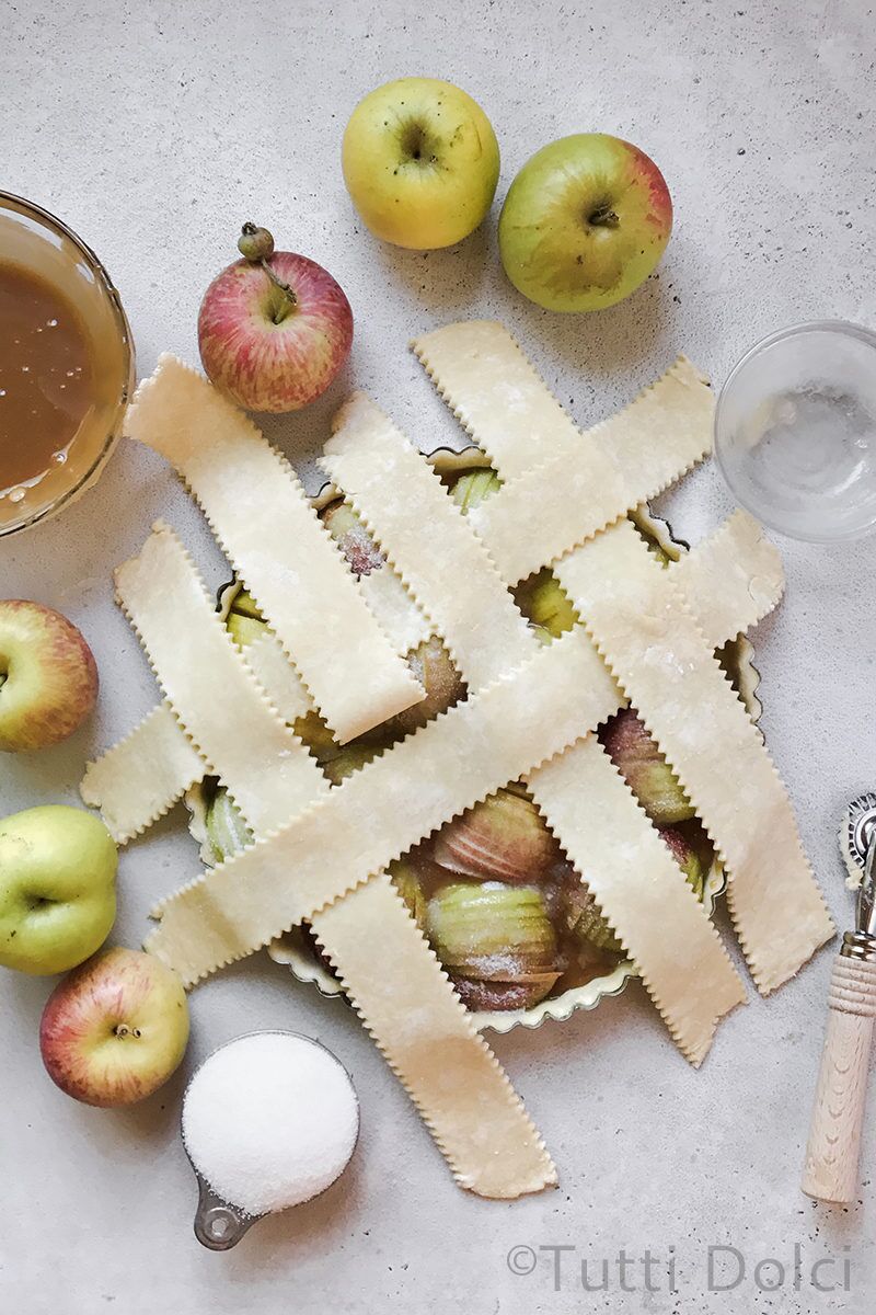 Lattice strips woven over apple filling
