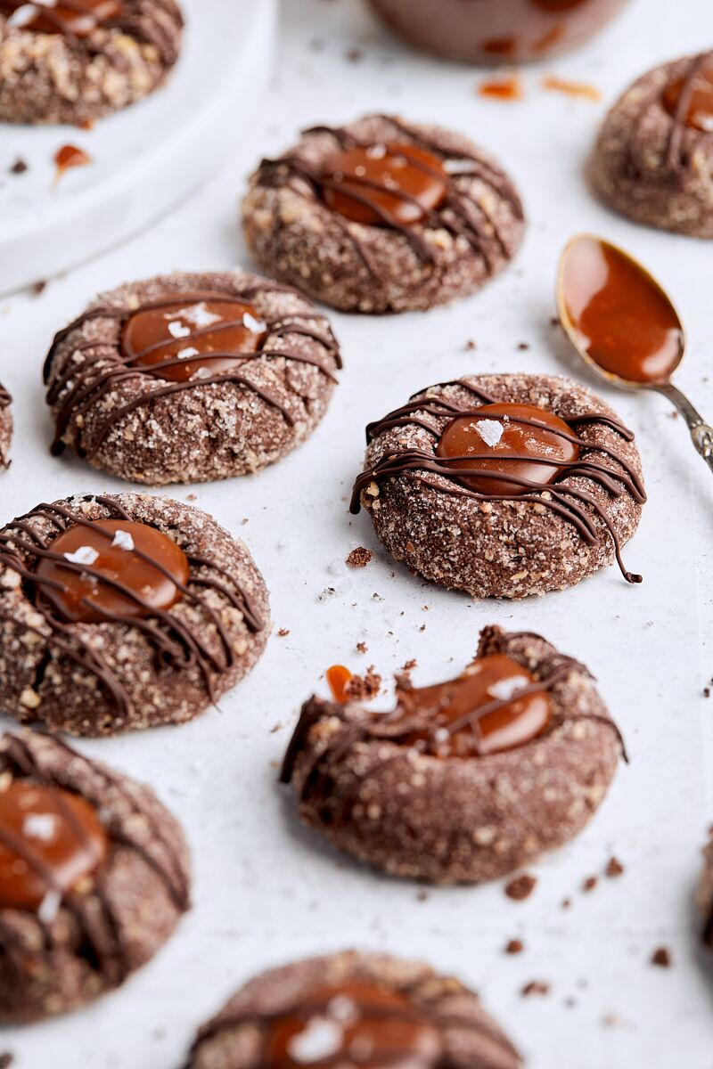 Chocolate Caramel Thumbprint Cookies