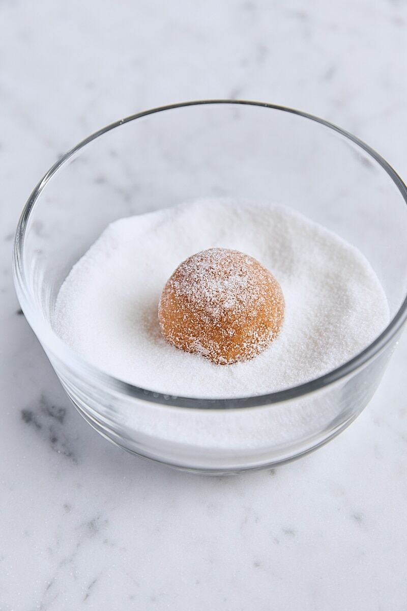 Molasses cookie dough rolled in sugar in glass bowl