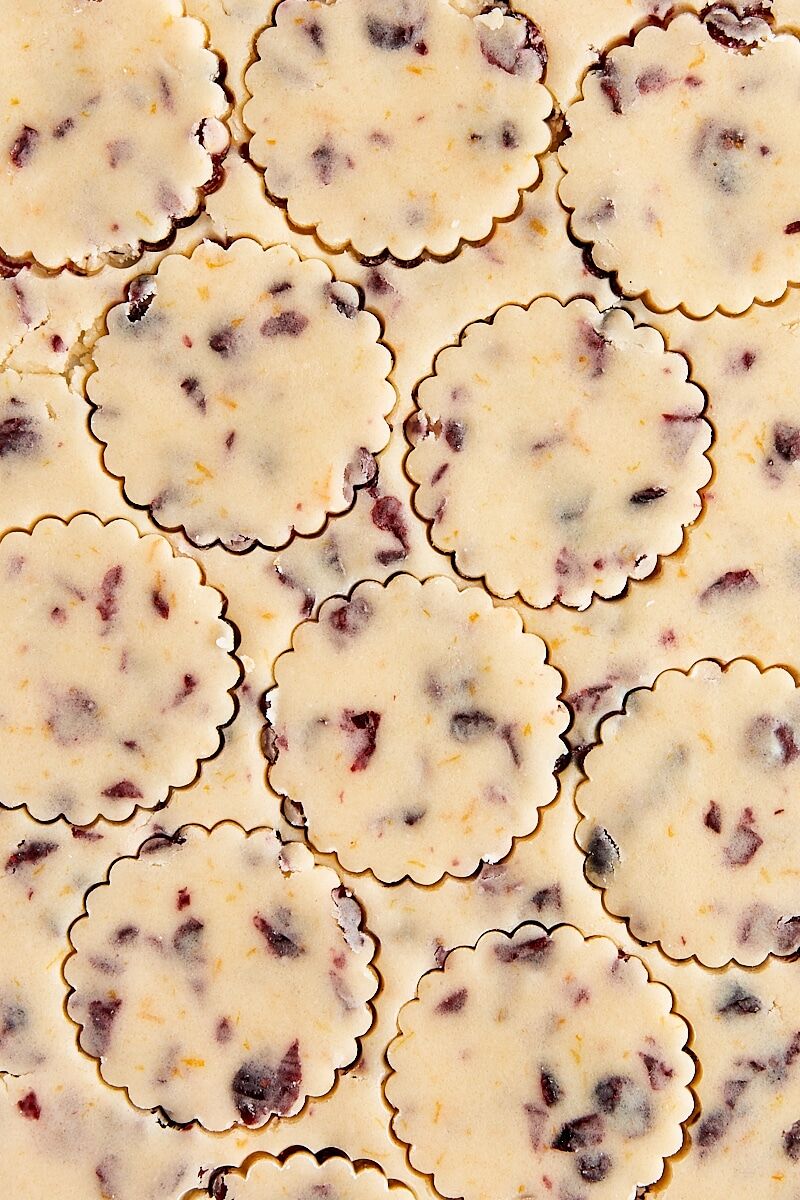 Cranberry orange shortbread dough rolled out on parchment paper