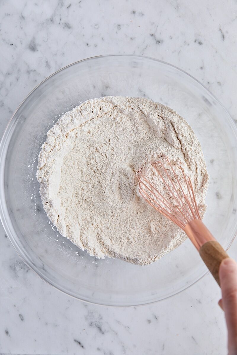 Dry ingredients whisked together in glass bowl