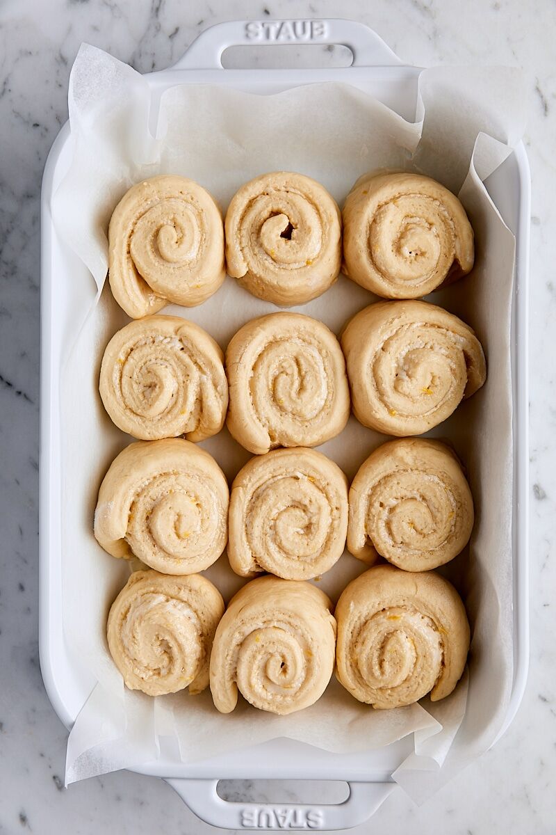 Lemon rolls doubled in size after 30 minute rise in ceramic baking dish