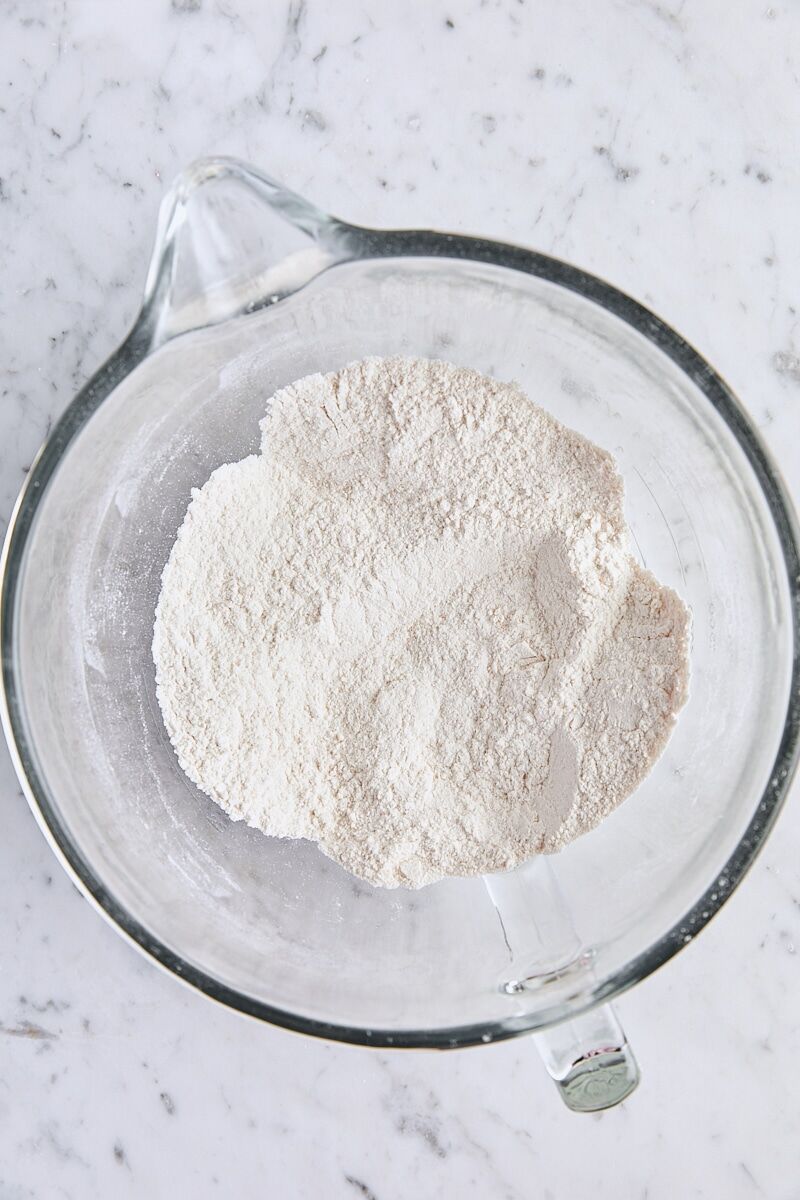 Dry ingredients mixed together in glass mixing bowl