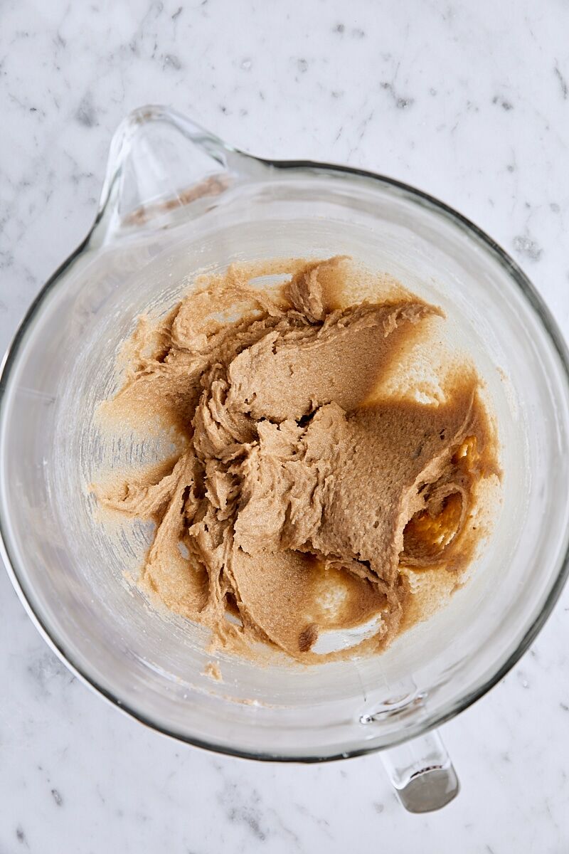 Oil mixed into batter in glass mixing bowl
