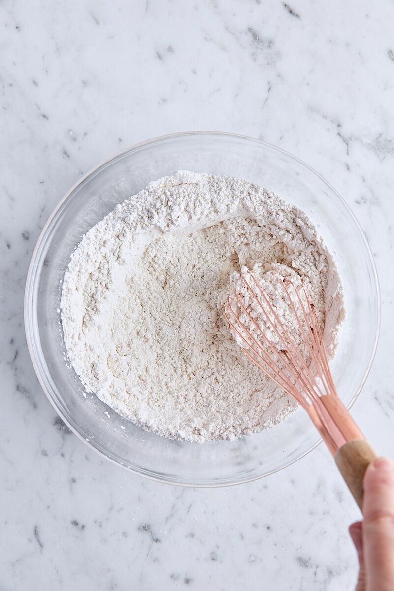 Dry ingredients whisked together in glass bowl