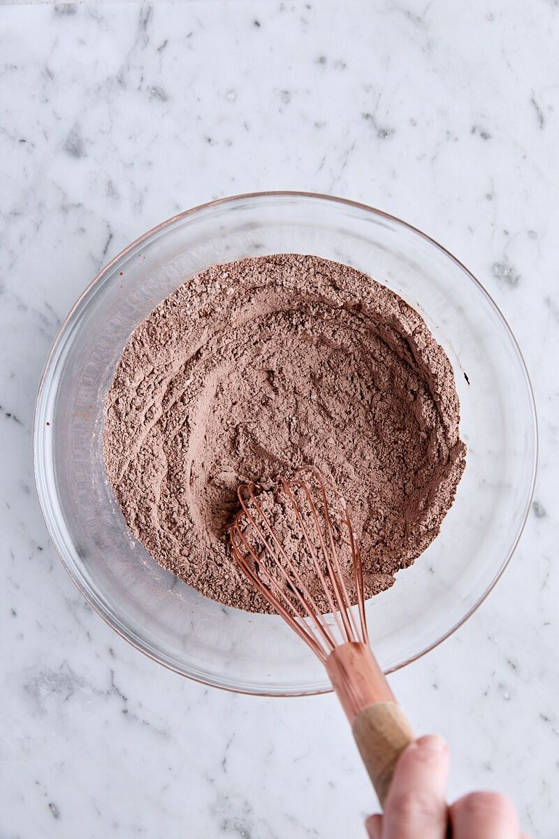 Dry ingredients whisked together in glass bowl