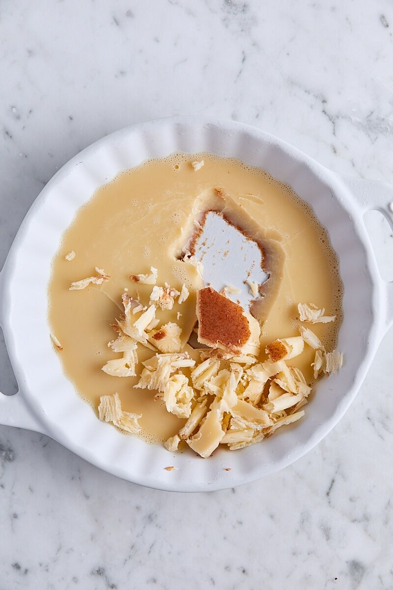 Solidified brown butter in ceramic baking dish