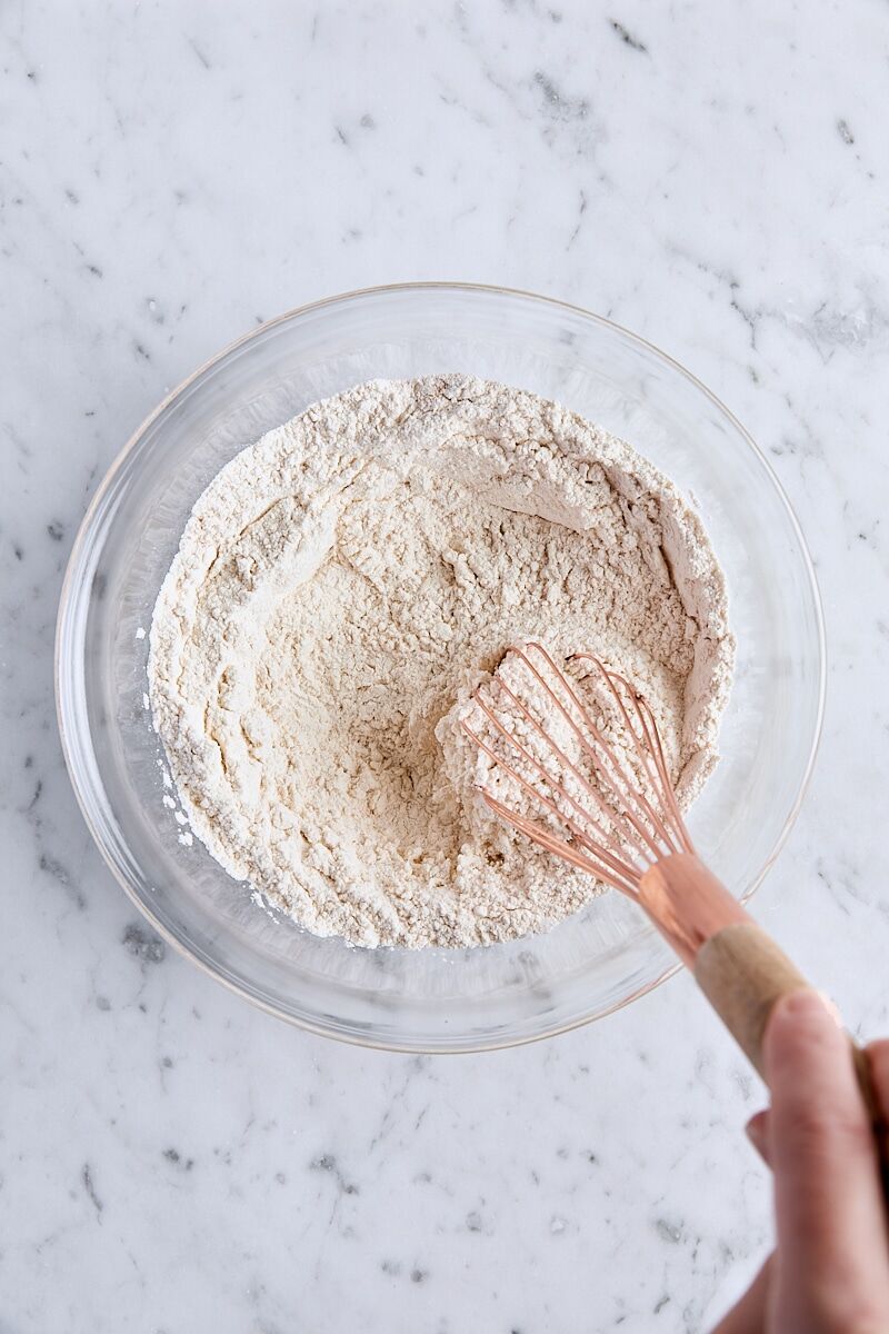 Dry ingredients whisked together in glass bowl