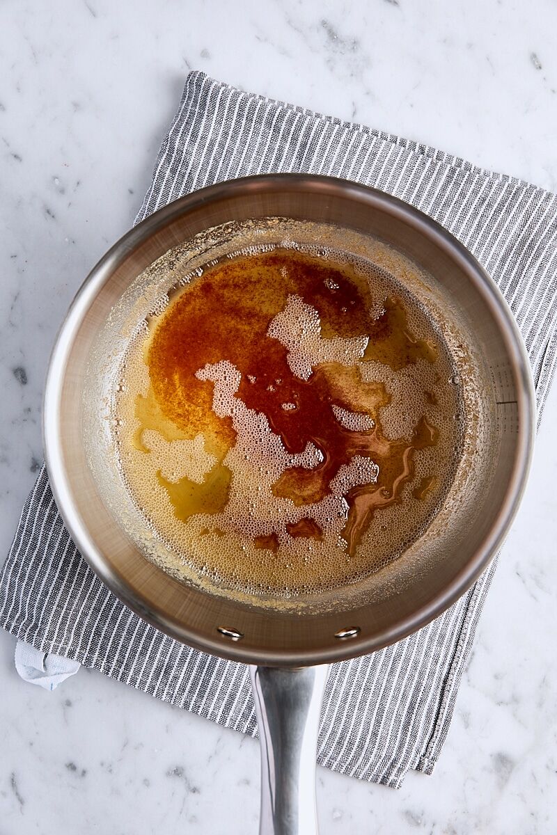 Melted brown butter in saucepan