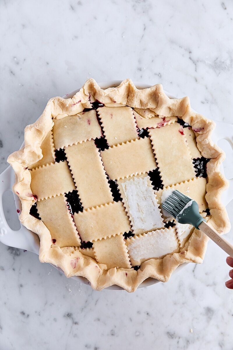 Heavy cream brushed over lattice top with pastry brush