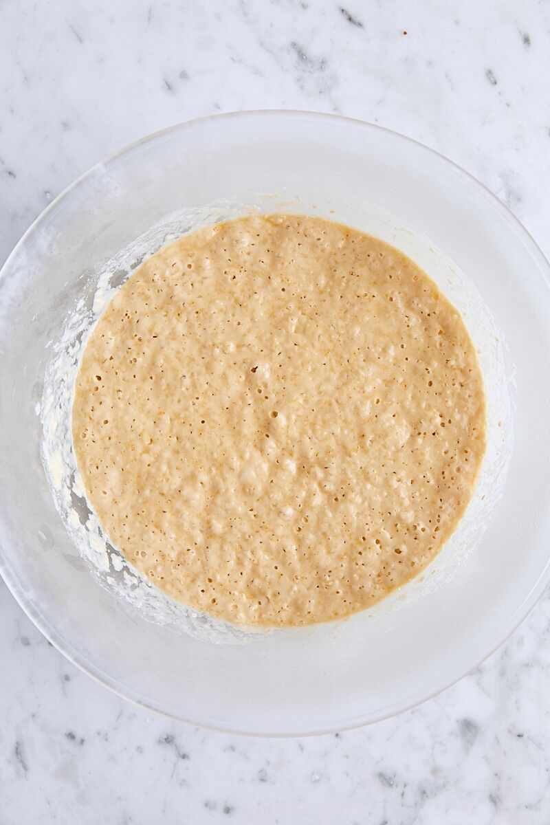 Chilled waffle batter in large glass bowl