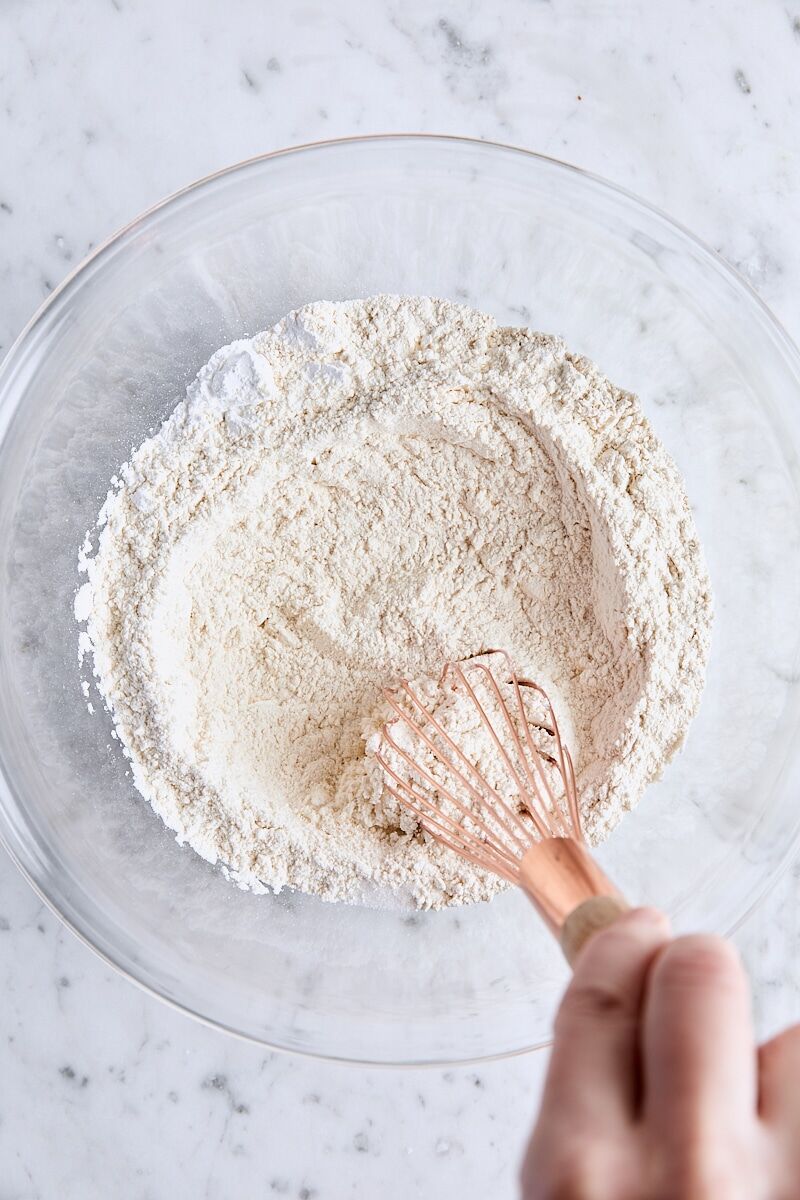 Flour, sugar, cornstarch, active dry yeast, and salt whisked together in large glass bowl
