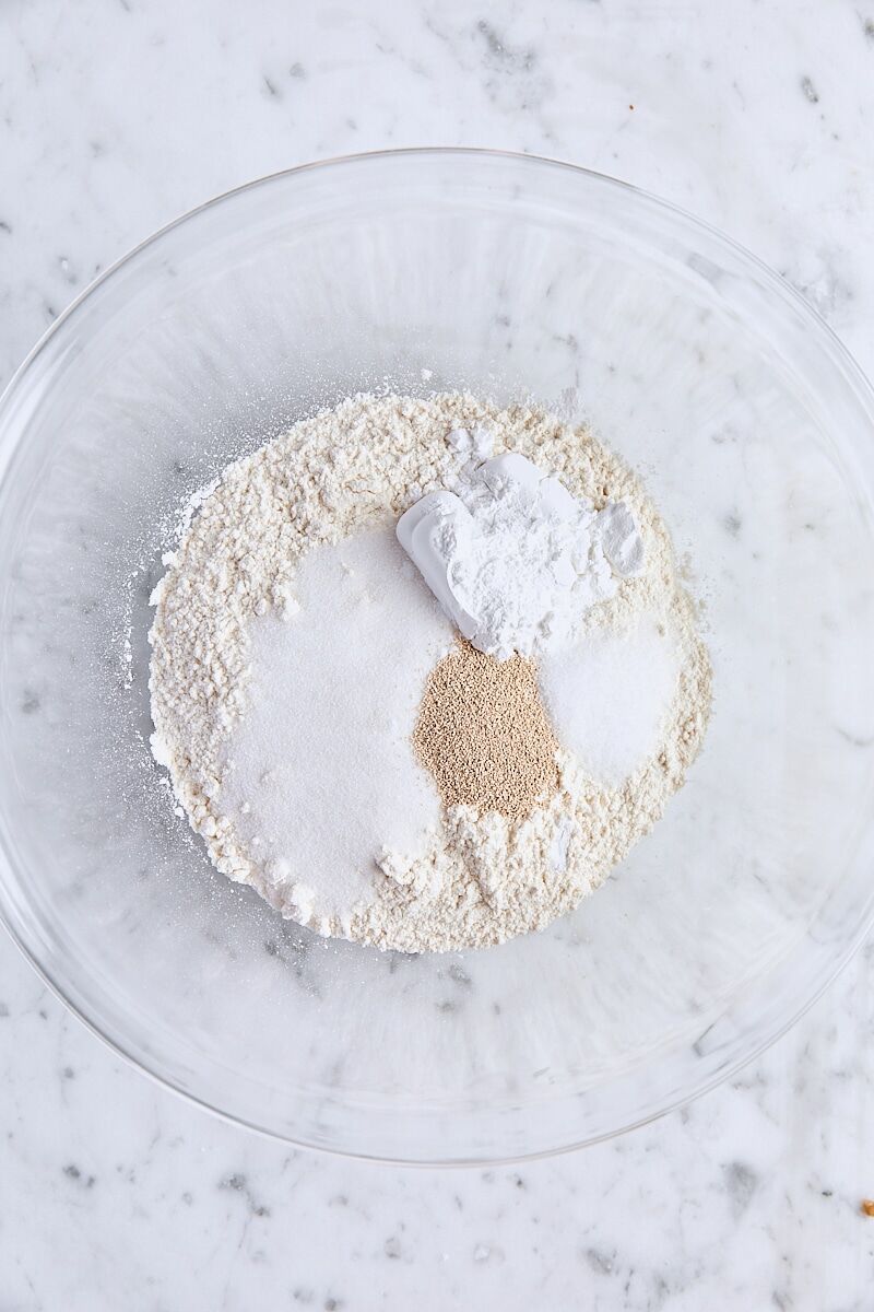 All-purpose flour, granulated sugar, cornstarch, active dry yeast, and salt in large glass bowl