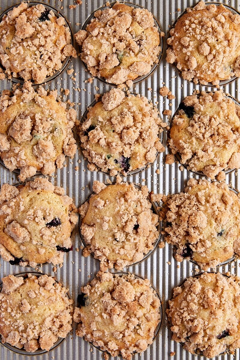 Baked blueberry crumb muffins in muffin tin