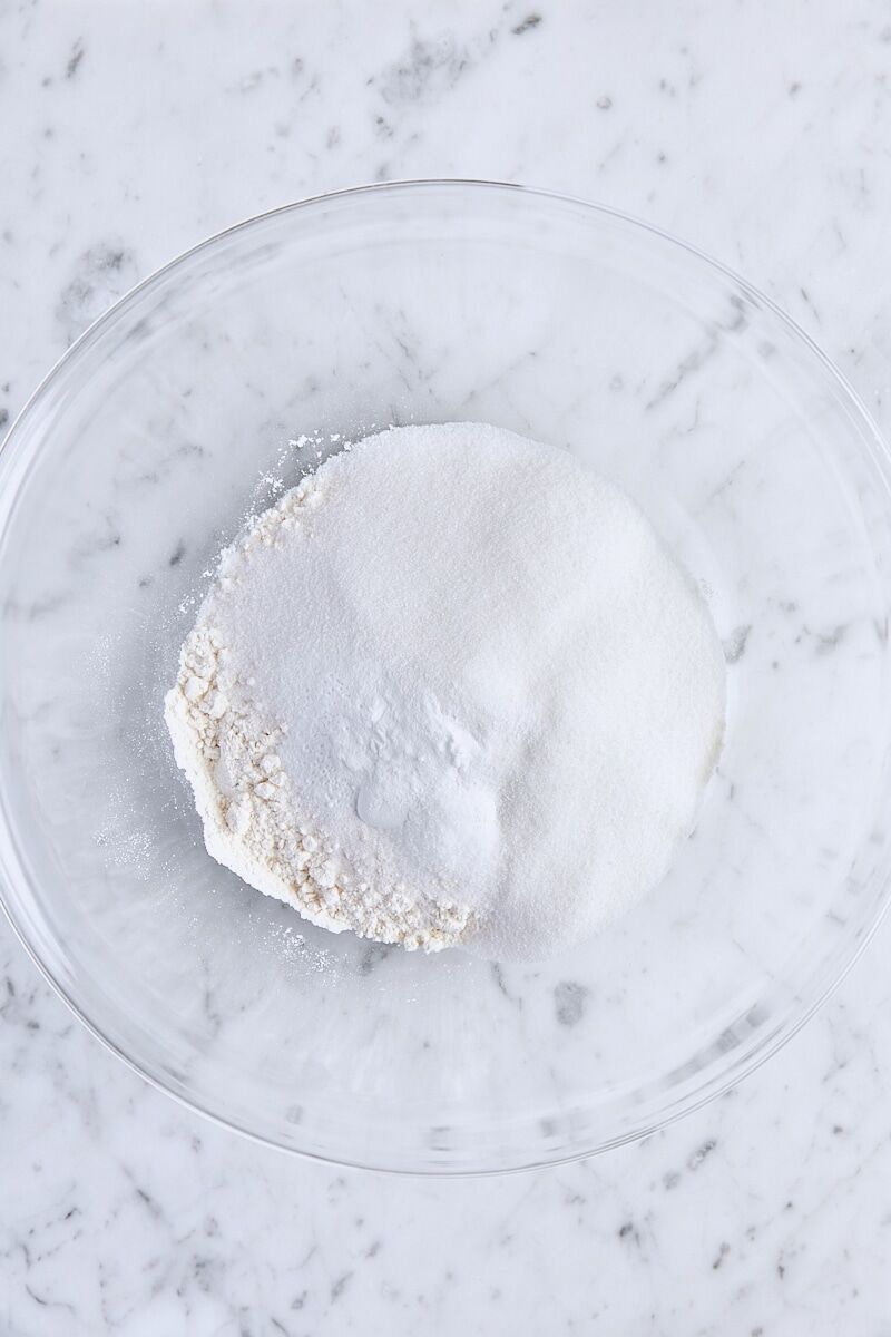 Flour, sugar, baking powder, baking soda, and salt in a large bowl