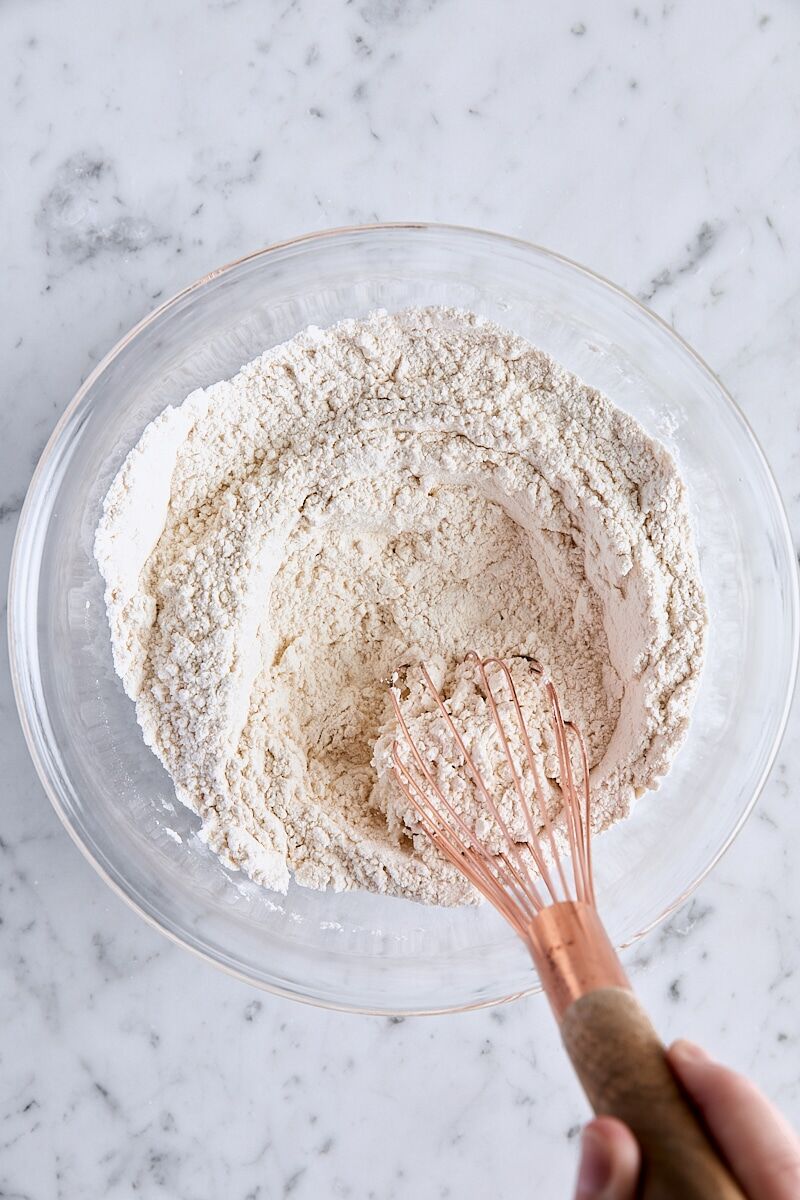 Dry ingredients whisked together in glass bowl