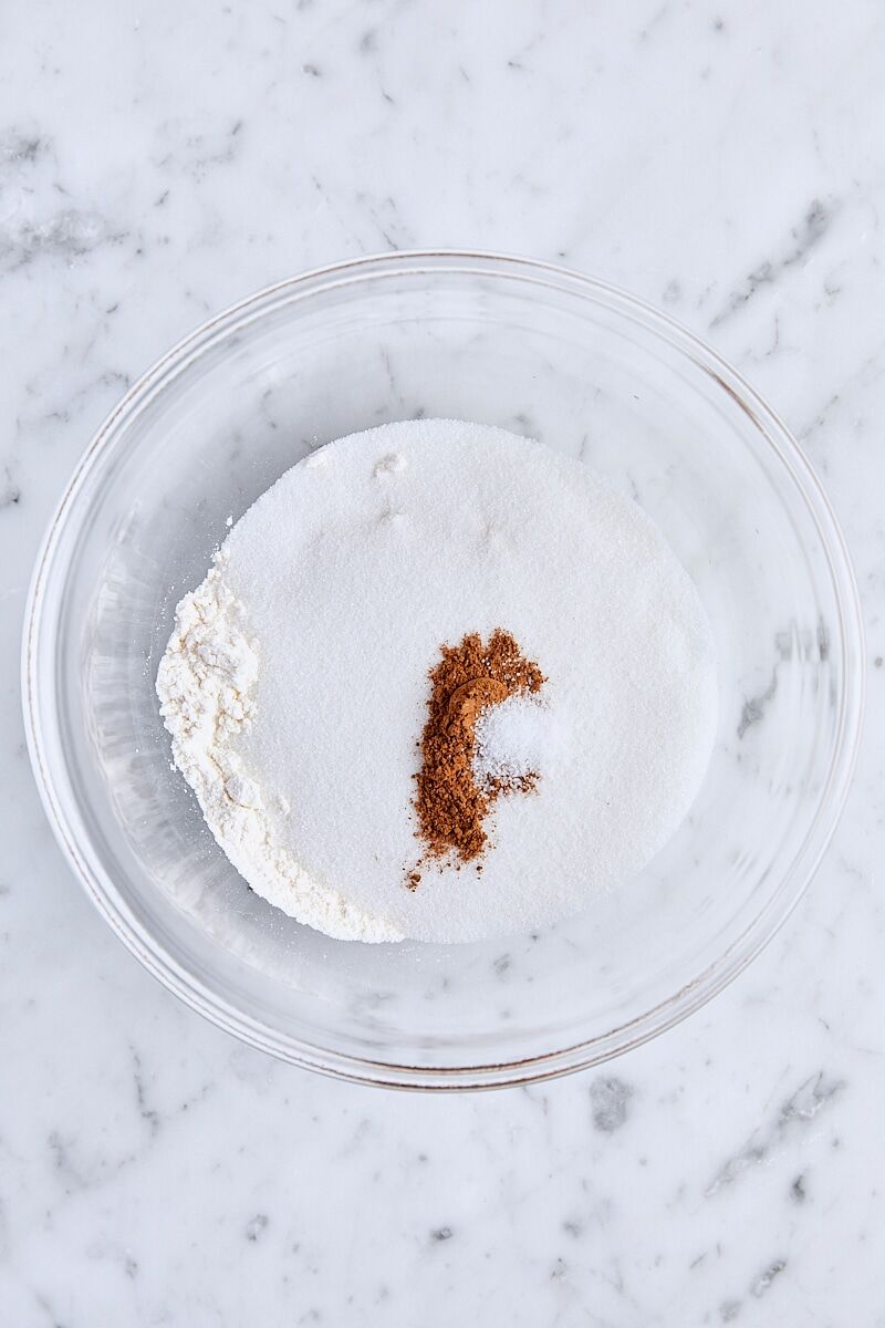 Crumb topping ingredients in small glass bowl