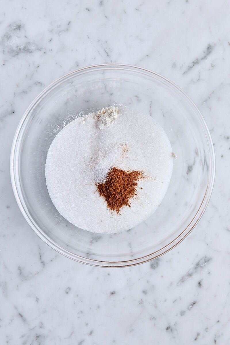 Crumb topping ingredients in small glass bowl