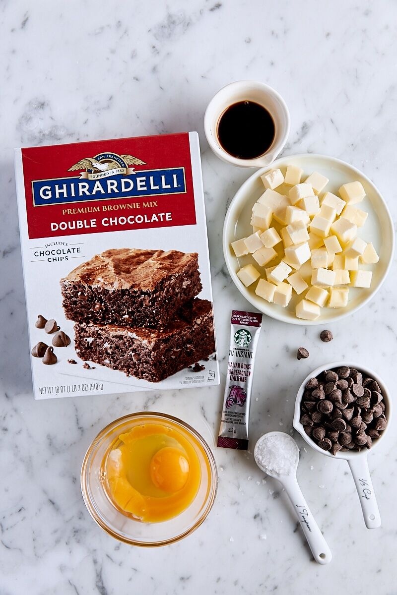 Box brownie mix, vanilla, cubed butter, eggs, instant espresso, chocolate chips, and flaky salt