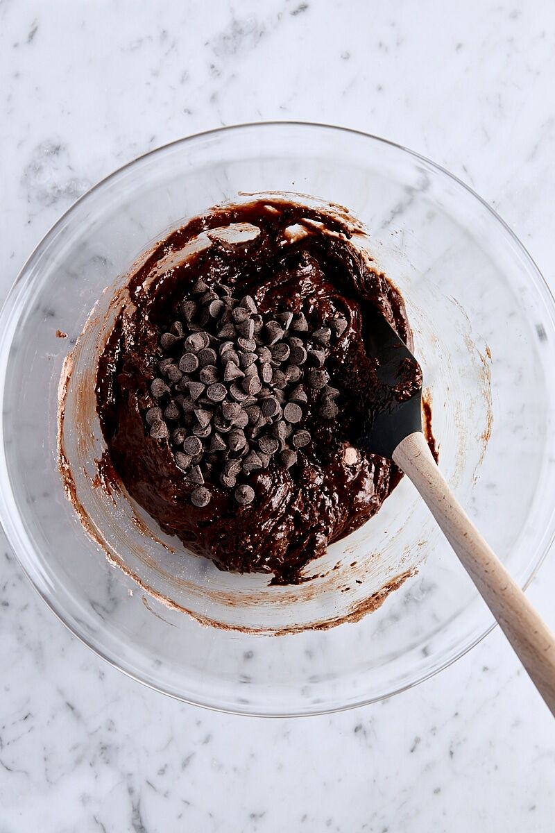 Chocolate chips added to fudgy brownie batter