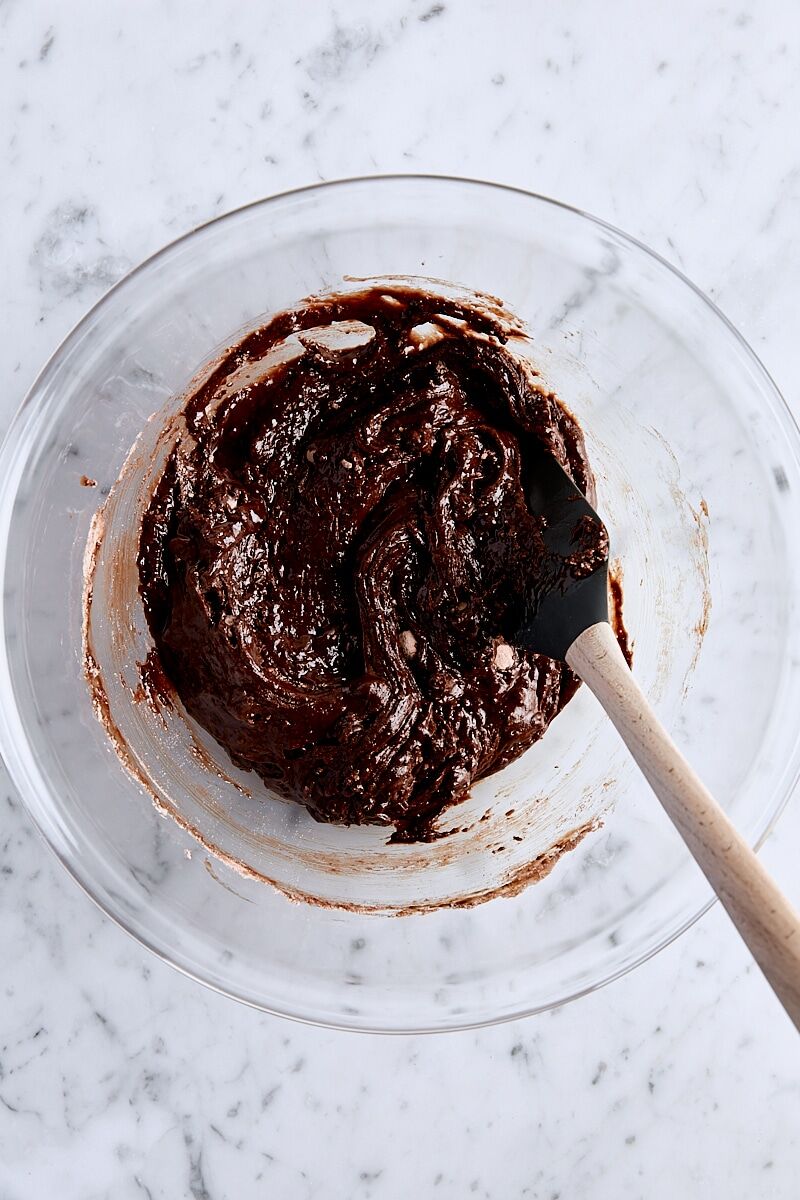 Fudgy brownie batter in glass bowl