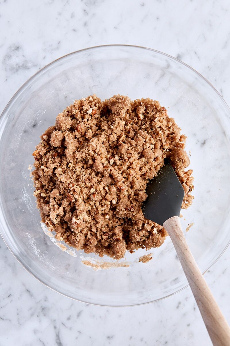 Mixed pecan streusel topping in glass bowl